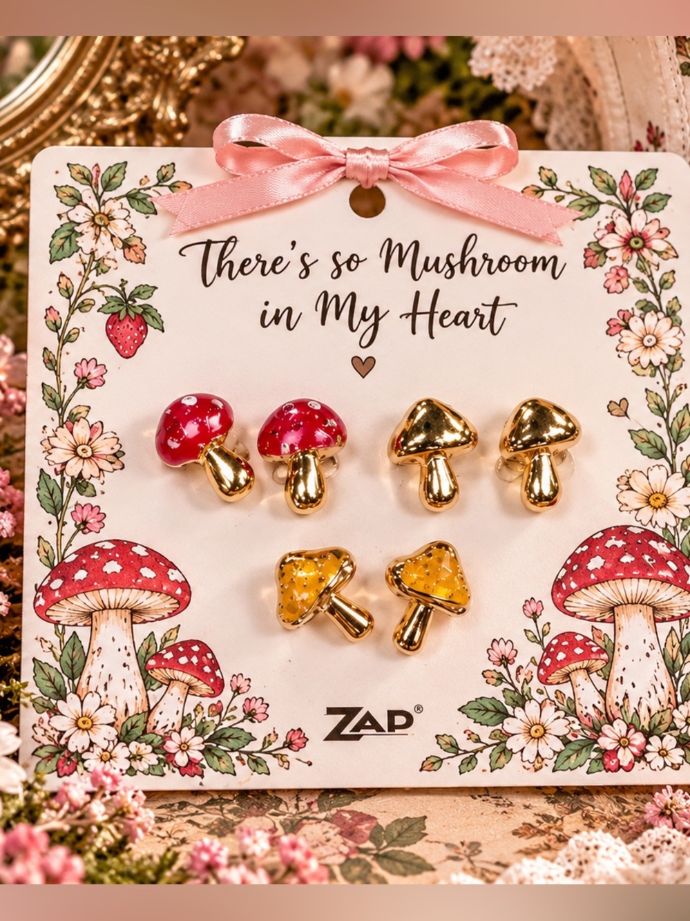 ZAD 3 Pair Mushroom Stud Earrings Set Fairycore Cottagecore NWT